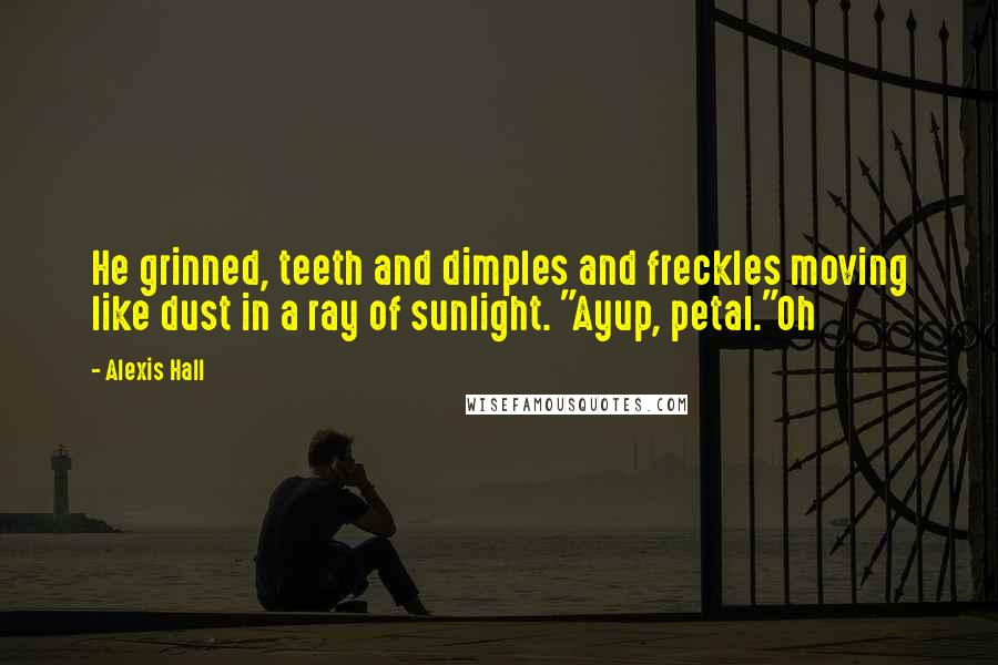 Alexis Hall Quotes: He grinned, teeth and dimples and freckles moving like dust in a ray of sunlight. "Ayup, petal."Oh
