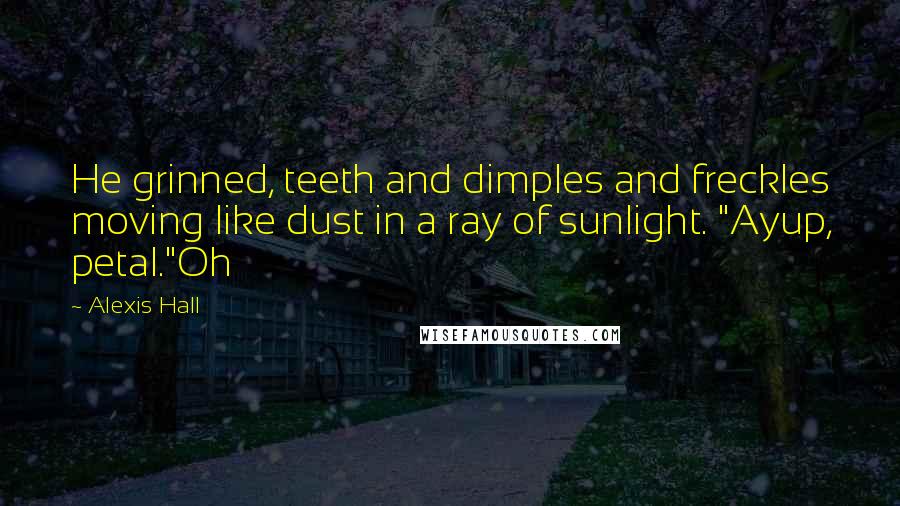 Alexis Hall Quotes: He grinned, teeth and dimples and freckles moving like dust in a ray of sunlight. "Ayup, petal."Oh