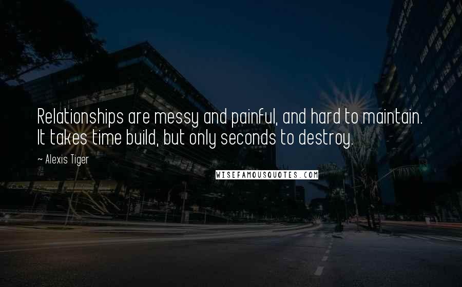 Alexis Tiger Quotes: Relationships are messy and painful, and hard to maintain. It takes time build, but only seconds to destroy.
