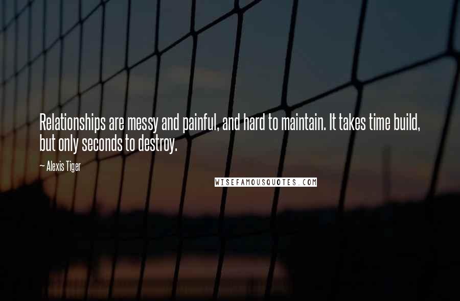 Alexis Tiger Quotes: Relationships are messy and painful, and hard to maintain. It takes time build, but only seconds to destroy.