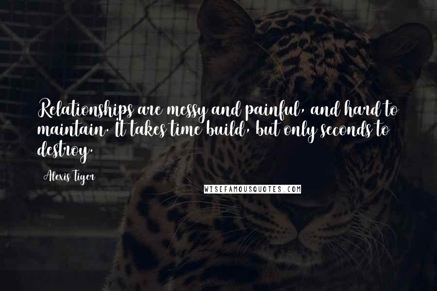 Alexis Tiger Quotes: Relationships are messy and painful, and hard to maintain. It takes time build, but only seconds to destroy.