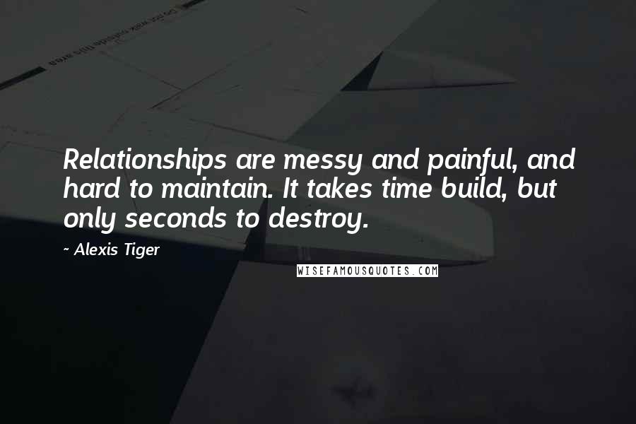 Alexis Tiger Quotes: Relationships are messy and painful, and hard to maintain. It takes time build, but only seconds to destroy.