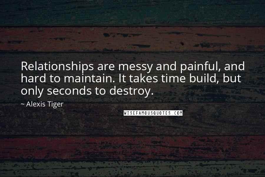 Alexis Tiger Quotes: Relationships are messy and painful, and hard to maintain. It takes time build, but only seconds to destroy.