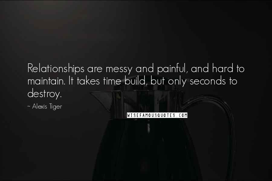 Alexis Tiger Quotes: Relationships are messy and painful, and hard to maintain. It takes time build, but only seconds to destroy.