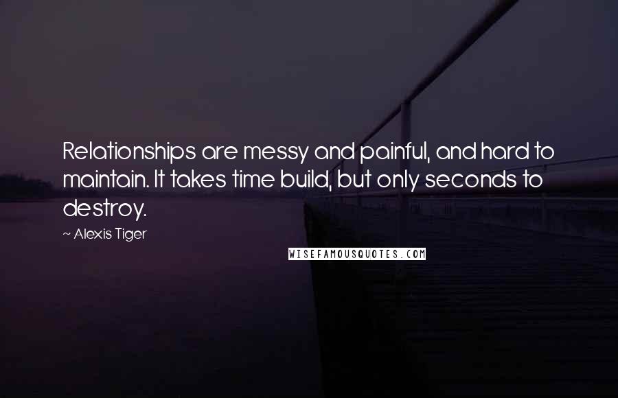 Alexis Tiger Quotes: Relationships are messy and painful, and hard to maintain. It takes time build, but only seconds to destroy.