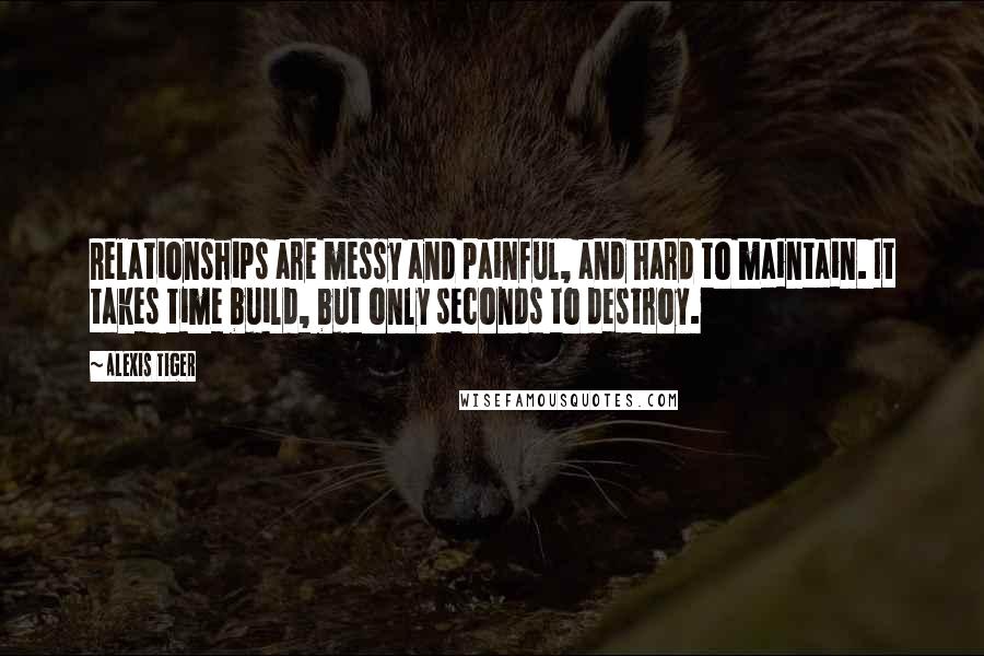 Alexis Tiger Quotes: Relationships are messy and painful, and hard to maintain. It takes time build, but only seconds to destroy.