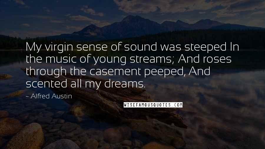 Alfred Austin Quotes: My virgin sense of sound was steeped In the music of young streams; And roses through the casement peeped, And scented all my dreams.