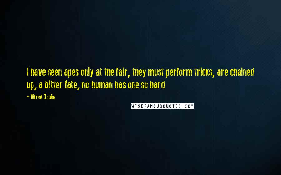 Alfred Doblin Quotes: I have seen apes only at the fair, they must perform tricks, are chained up, a bitter fate, no human has one so hard