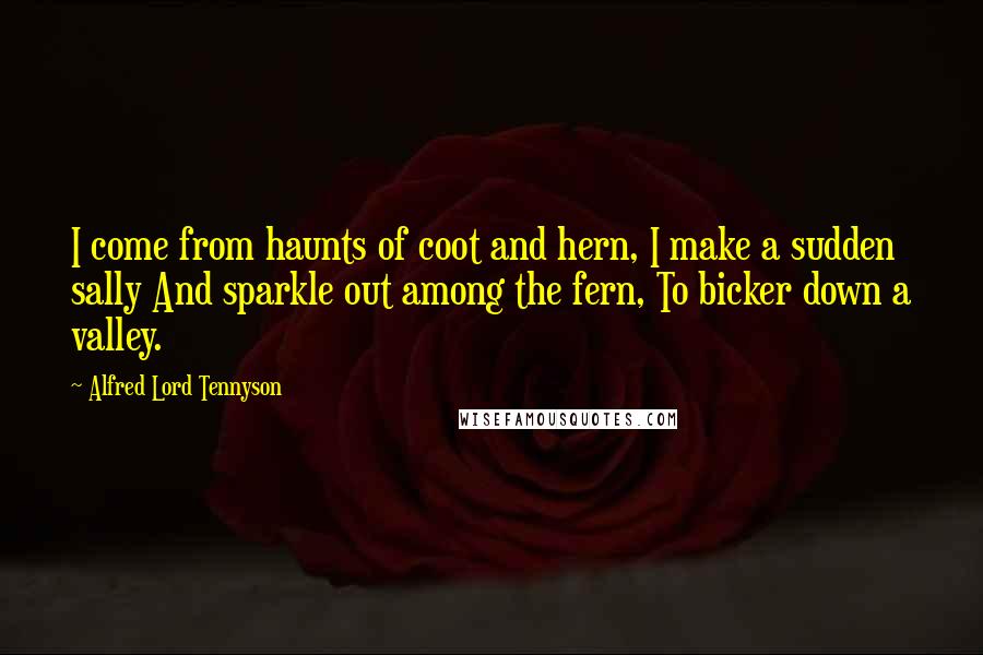 Alfred Lord Tennyson Quotes: I come from haunts of coot and hern, I make a sudden sally And sparkle out among the fern, To bicker down a valley.