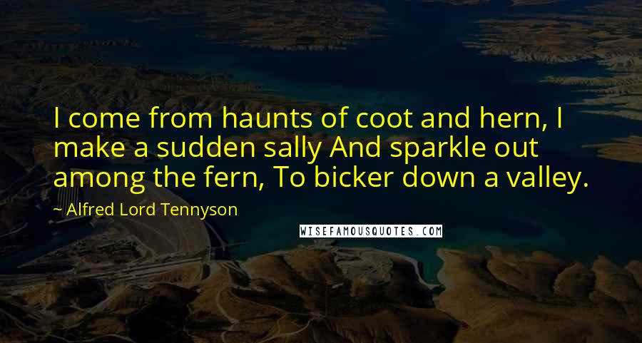 Alfred Lord Tennyson Quotes: I come from haunts of coot and hern, I make a sudden sally And sparkle out among the fern, To bicker down a valley.