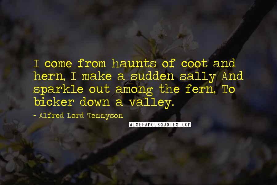 Alfred Lord Tennyson Quotes: I come from haunts of coot and hern, I make a sudden sally And sparkle out among the fern, To bicker down a valley.