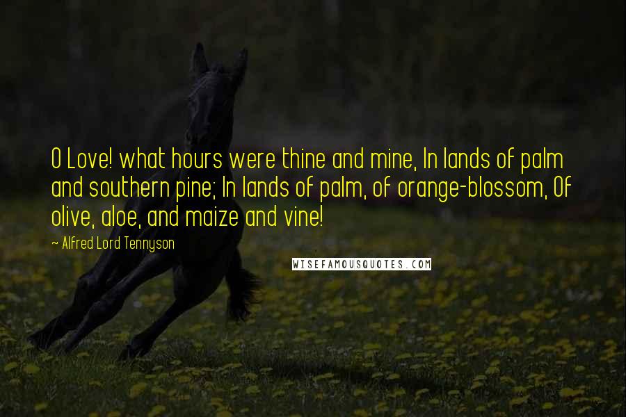 Alfred Lord Tennyson Quotes: O Love! what hours were thine and mine, In lands of palm and southern pine; In lands of palm, of orange-blossom, Of olive, aloe, and maize and vine!