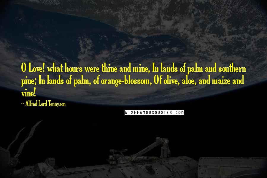 Alfred Lord Tennyson Quotes: O Love! what hours were thine and mine, In lands of palm and southern pine; In lands of palm, of orange-blossom, Of olive, aloe, and maize and vine!