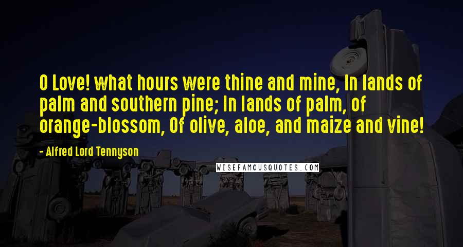 Alfred Lord Tennyson Quotes: O Love! what hours were thine and mine, In lands of palm and southern pine; In lands of palm, of orange-blossom, Of olive, aloe, and maize and vine!