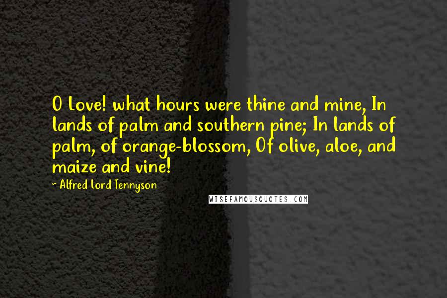 Alfred Lord Tennyson Quotes: O Love! what hours were thine and mine, In lands of palm and southern pine; In lands of palm, of orange-blossom, Of olive, aloe, and maize and vine!