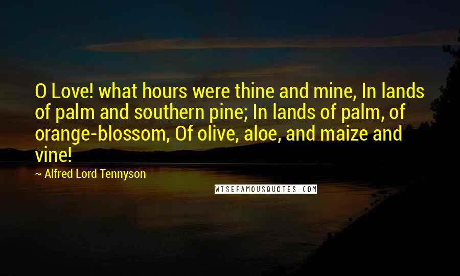 Alfred Lord Tennyson Quotes: O Love! what hours were thine and mine, In lands of palm and southern pine; In lands of palm, of orange-blossom, Of olive, aloe, and maize and vine!