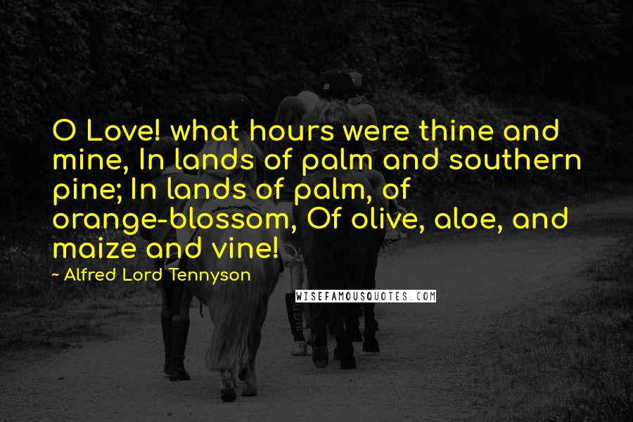 Alfred Lord Tennyson Quotes: O Love! what hours were thine and mine, In lands of palm and southern pine; In lands of palm, of orange-blossom, Of olive, aloe, and maize and vine!