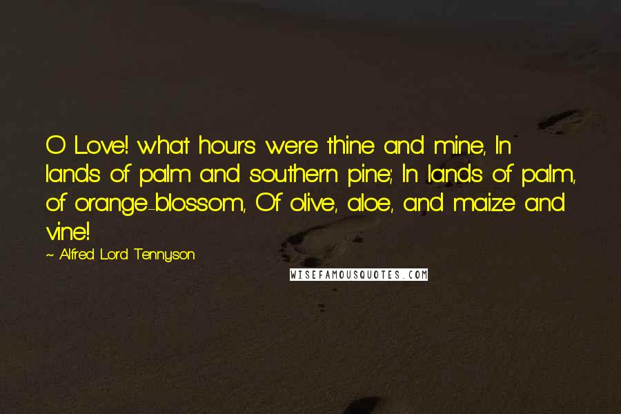 Alfred Lord Tennyson Quotes: O Love! what hours were thine and mine, In lands of palm and southern pine; In lands of palm, of orange-blossom, Of olive, aloe, and maize and vine!