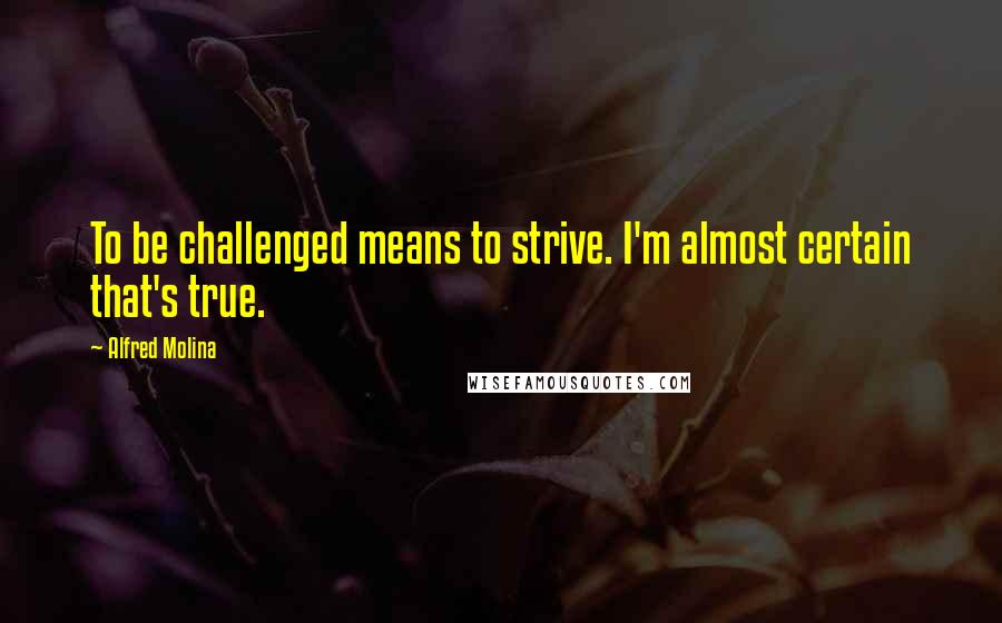 Alfred Molina Quotes: To be challenged means to strive. I'm almost certain that's true.