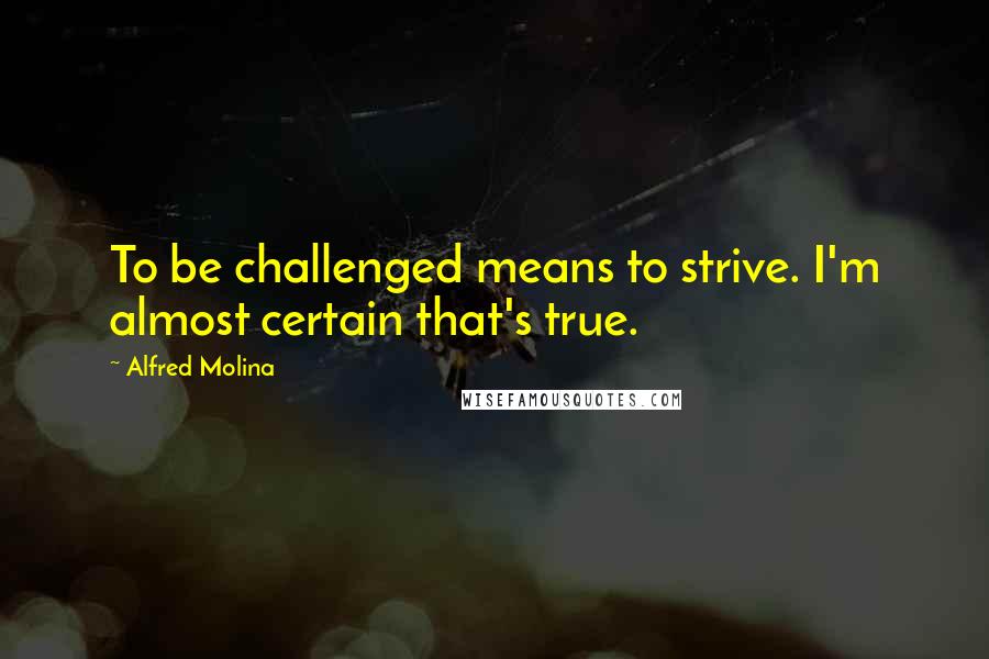 Alfred Molina Quotes: To be challenged means to strive. I'm almost certain that's true.