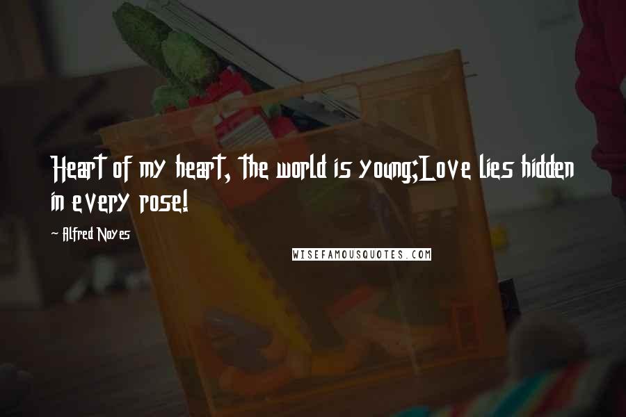 Alfred Noyes Quotes: Heart of my heart, the world is young;Love lies hidden in every rose!