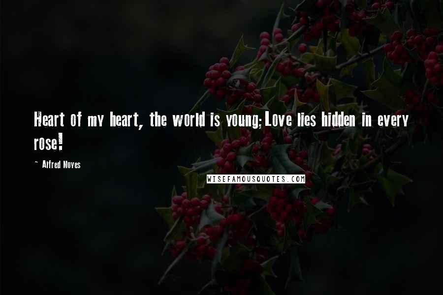 Alfred Noyes Quotes: Heart of my heart, the world is young;Love lies hidden in every rose!