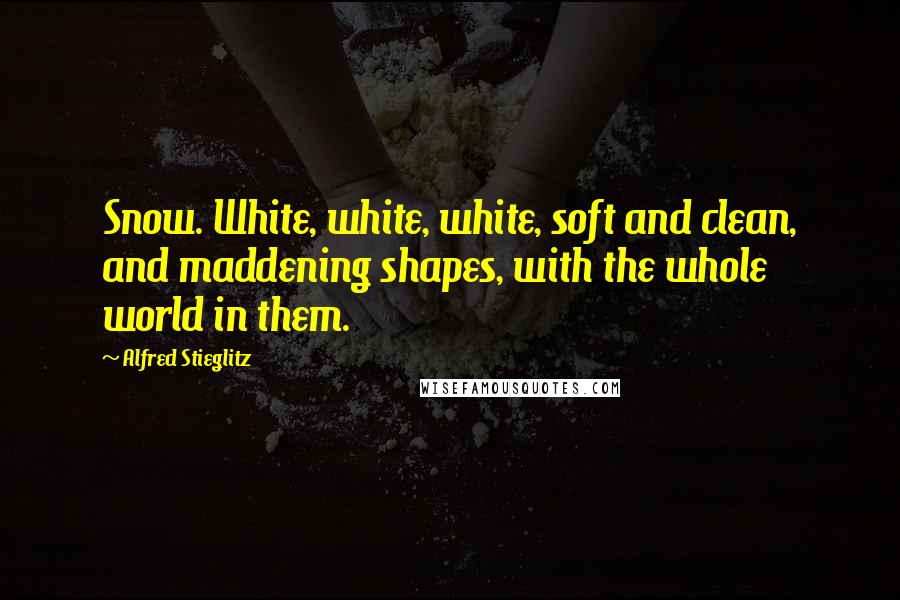 Alfred Stieglitz Quotes: Snow. White, white, white, soft and clean, and maddening shapes, with the whole world in them.