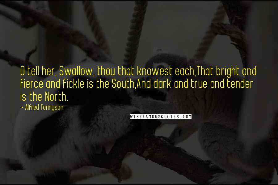 Alfred Tennyson Quotes: O tell her, Swallow, thou that knowest each,That bright and fierce and fickle is the South,And dark and true and tender is the North.