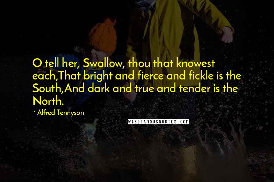 Alfred Tennyson Quotes: O tell her, Swallow, thou that knowest each,That bright and fierce and fickle is the South,And dark and true and tender is the North.