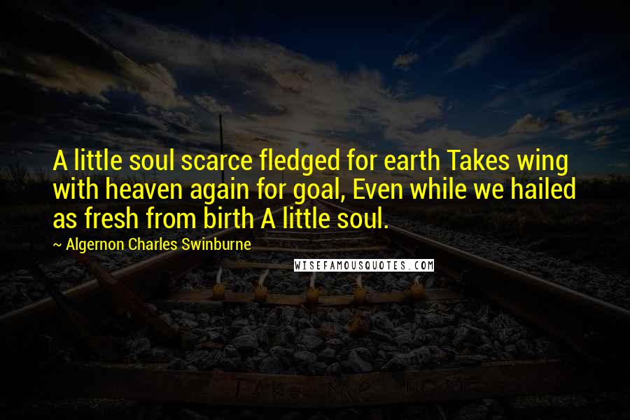 Algernon Charles Swinburne Quotes: A little soul scarce fledged for earth Takes wing with heaven again for goal, Even while we hailed as fresh from birth A little soul.