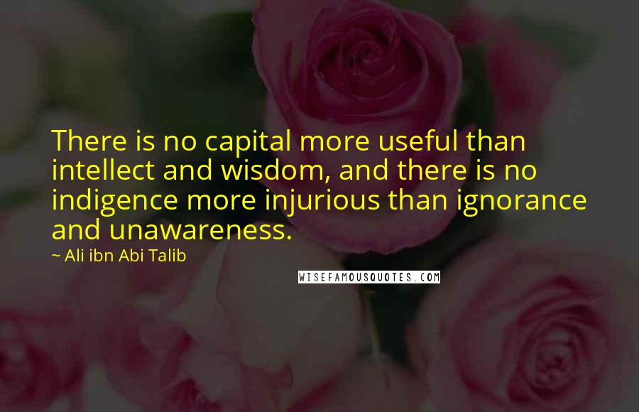 Ali Ibn Abi Talib Quotes: There is no capital more useful than intellect and wisdom, and there is no indigence more injurious than ignorance and unawareness.