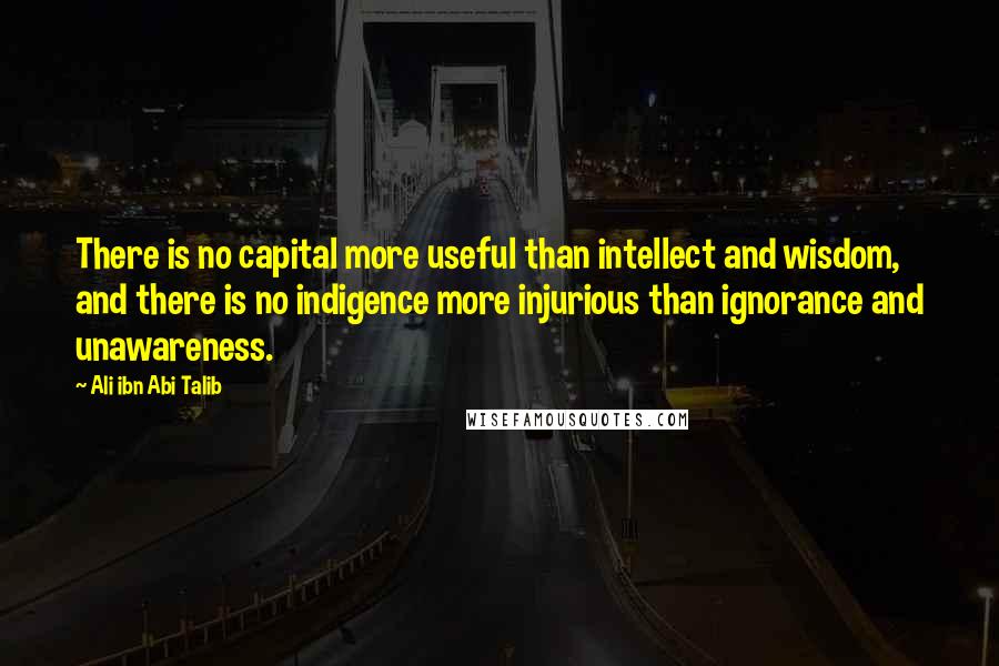 Ali Ibn Abi Talib Quotes: There is no capital more useful than intellect and wisdom, and there is no indigence more injurious than ignorance and unawareness.