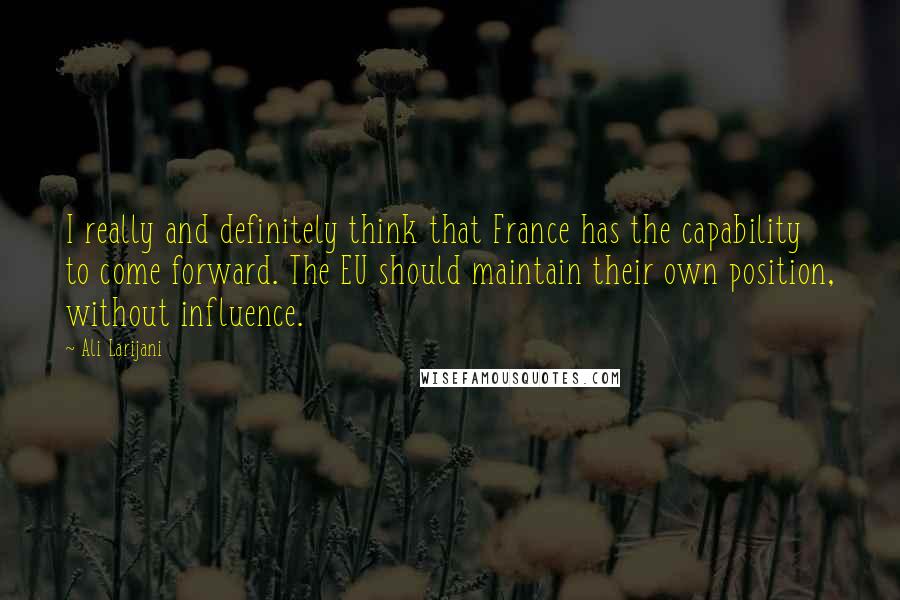 Ali Larijani Quotes: I really and definitely think that France has the capability to come forward. The EU should maintain their own position, without influence.