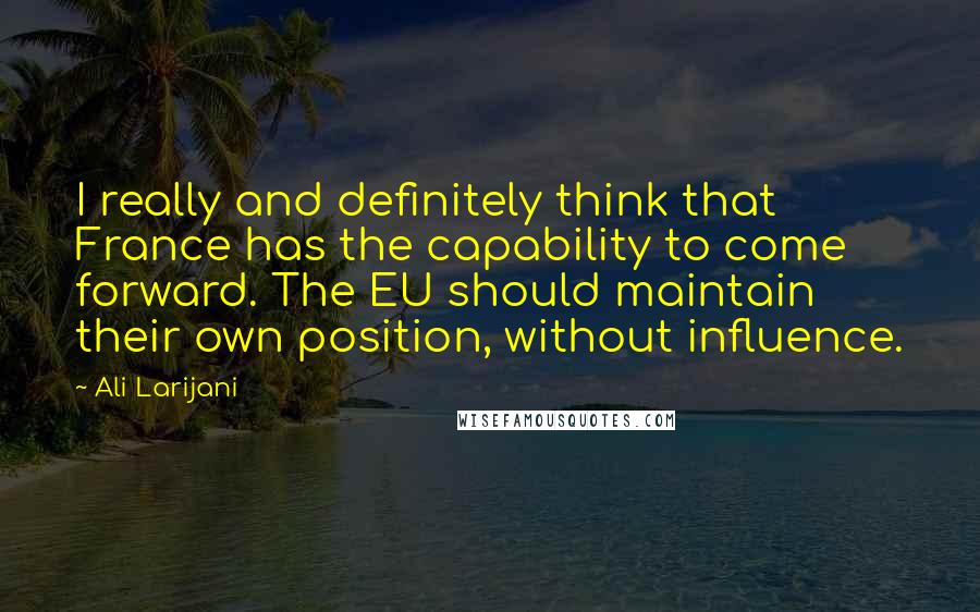 Ali Larijani Quotes: I really and definitely think that France has the capability to come forward. The EU should maintain their own position, without influence.