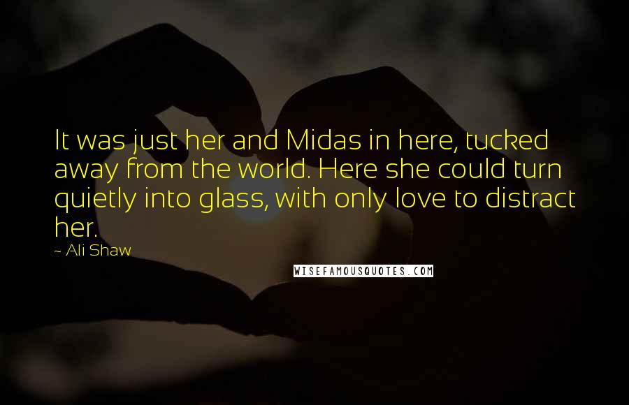 Ali Shaw Quotes: It was just her and Midas in here, tucked away from the world. Here she could turn quietly into glass, with only love to distract her.