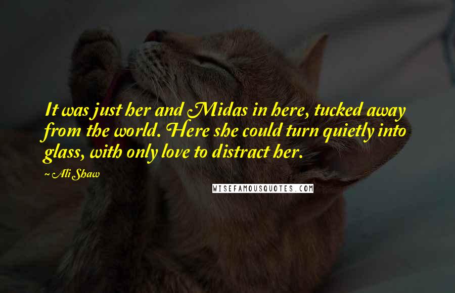 Ali Shaw Quotes: It was just her and Midas in here, tucked away from the world. Here she could turn quietly into glass, with only love to distract her.