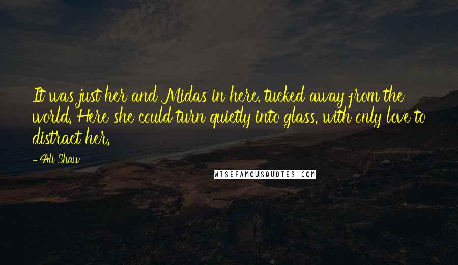 Ali Shaw Quotes: It was just her and Midas in here, tucked away from the world. Here she could turn quietly into glass, with only love to distract her.