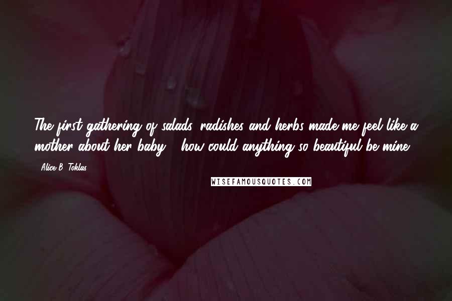 Alice B. Toklas Quotes: The first gathering of salads, radishes and herbs made me feel like a mother about her baby - how could anything so beautiful be mine?