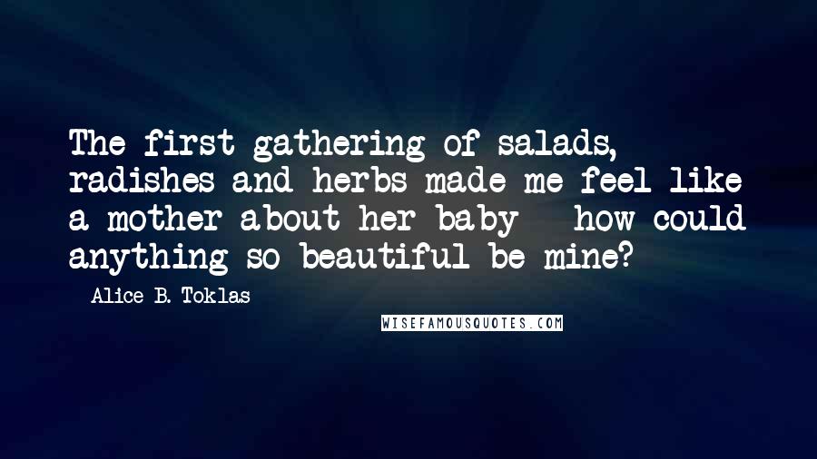 Alice B. Toklas Quotes: The first gathering of salads, radishes and herbs made me feel like a mother about her baby - how could anything so beautiful be mine?