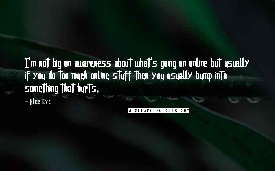 Alice Eve Quotes: I'm not big on awareness about what's going on online but usually if you do too much online stuff then you usually bump into something that hurts.