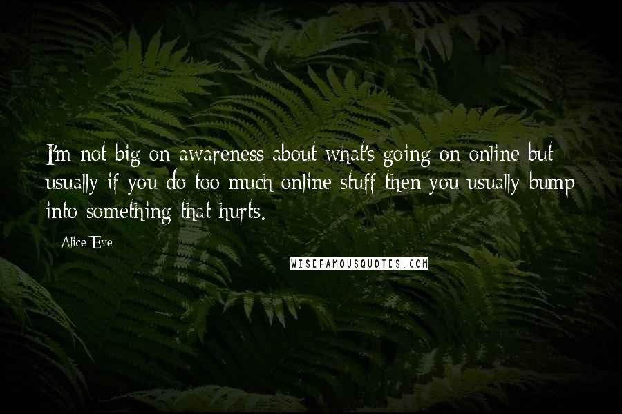 Alice Eve Quotes: I'm not big on awareness about what's going on online but usually if you do too much online stuff then you usually bump into something that hurts.