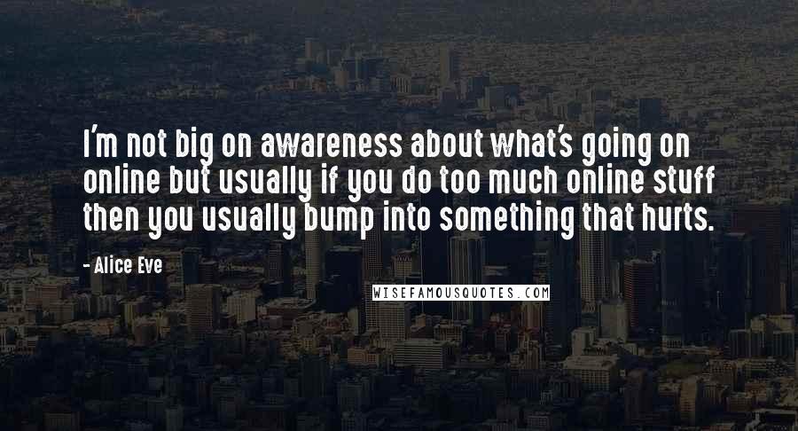 Alice Eve Quotes: I'm not big on awareness about what's going on online but usually if you do too much online stuff then you usually bump into something that hurts.