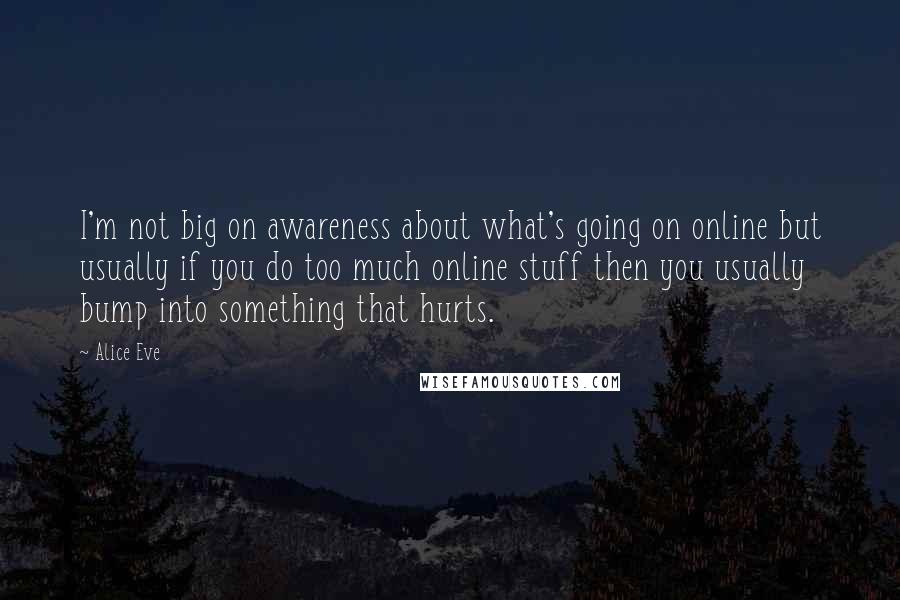 Alice Eve Quotes: I'm not big on awareness about what's going on online but usually if you do too much online stuff then you usually bump into something that hurts.