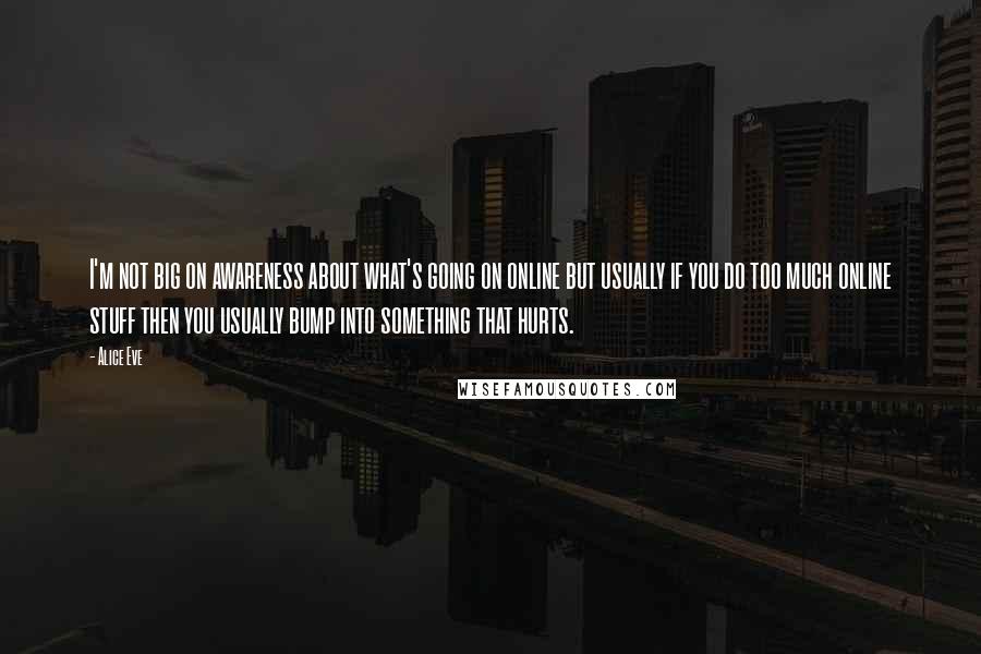 Alice Eve Quotes: I'm not big on awareness about what's going on online but usually if you do too much online stuff then you usually bump into something that hurts.