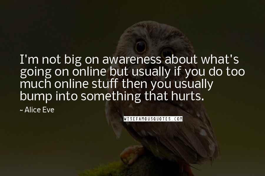 Alice Eve Quotes: I'm not big on awareness about what's going on online but usually if you do too much online stuff then you usually bump into something that hurts.