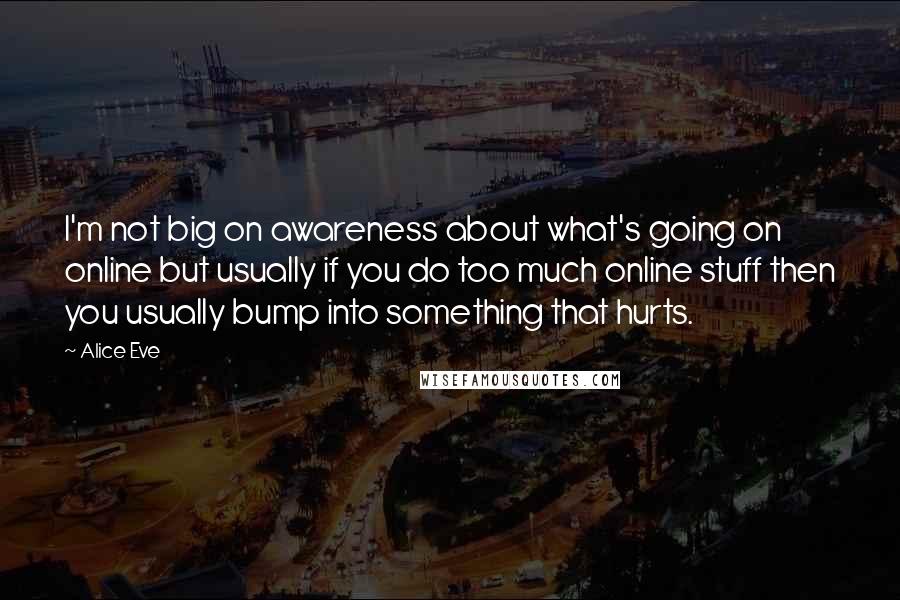 Alice Eve Quotes: I'm not big on awareness about what's going on online but usually if you do too much online stuff then you usually bump into something that hurts.