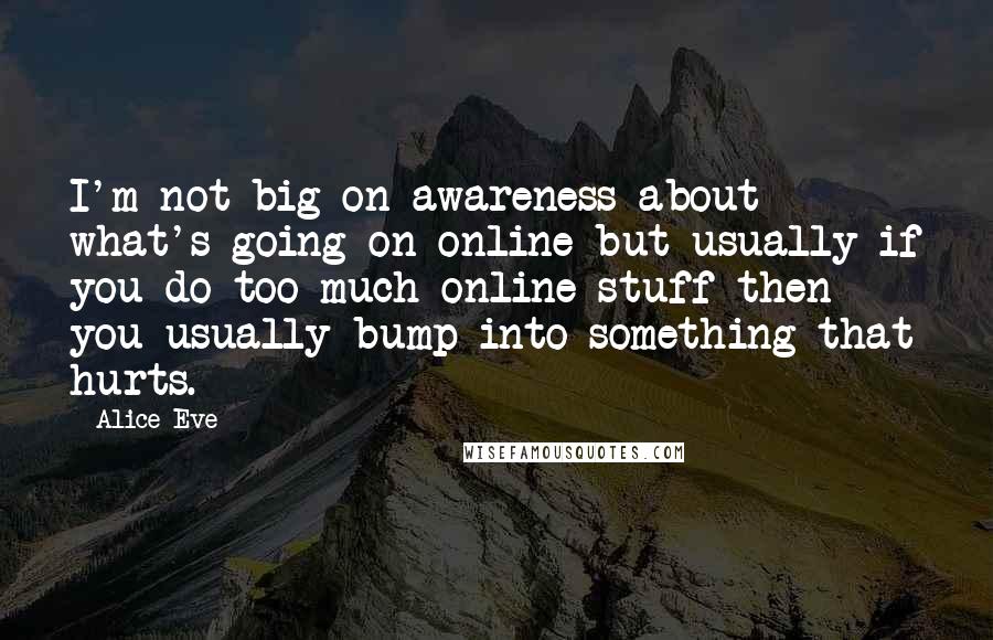 Alice Eve Quotes: I'm not big on awareness about what's going on online but usually if you do too much online stuff then you usually bump into something that hurts.