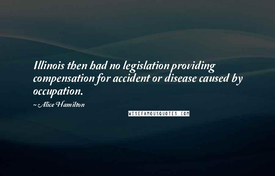 Alice Hamilton Quotes: Illinois then had no legislation providing compensation for accident or disease caused by occupation.