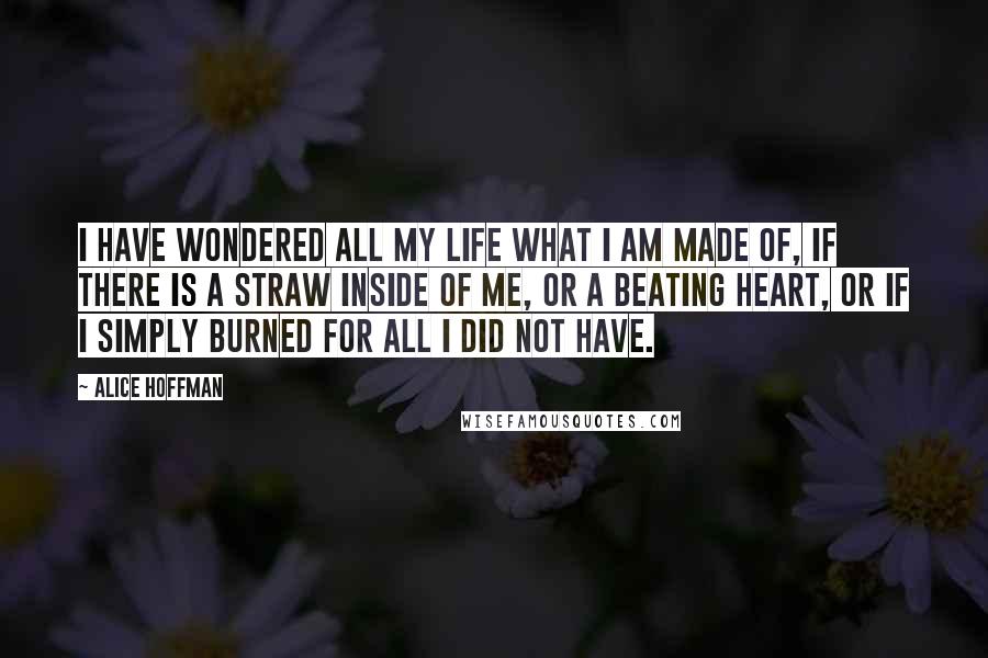 Alice Hoffman Quotes: I have wondered all my life what I am made of, if there is a straw inside of me, or a beating heart, or if I simply burned for all I did not have.