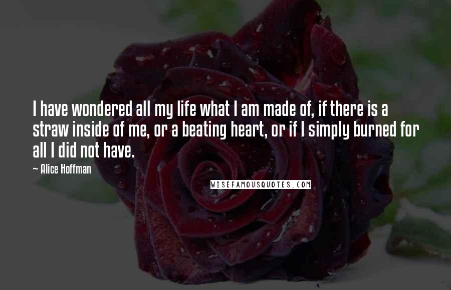 Alice Hoffman Quotes: I have wondered all my life what I am made of, if there is a straw inside of me, or a beating heart, or if I simply burned for all I did not have.